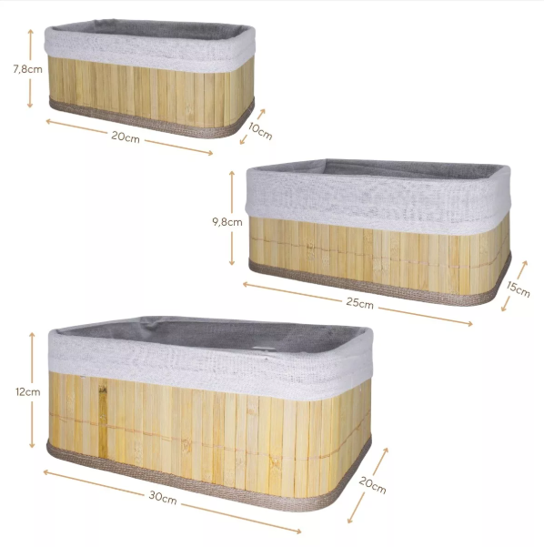CONJUNTO DE 3 CESTOS ORGANIZADORES MULTIUSO DE BAMBU COM FORRO - CLINK