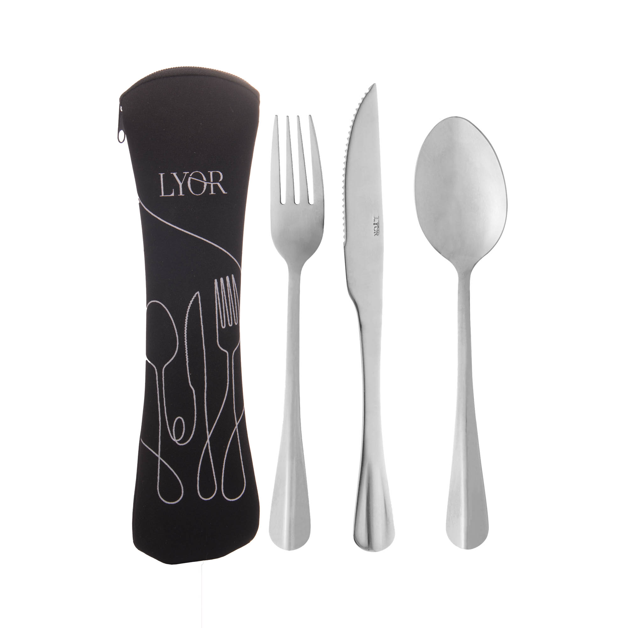 KIT REFEIÇÃO COM ESTOJO DE NEOPRENE PRETO COM 3 TALHERES POSITANO DE AÇO INOX - LYOR