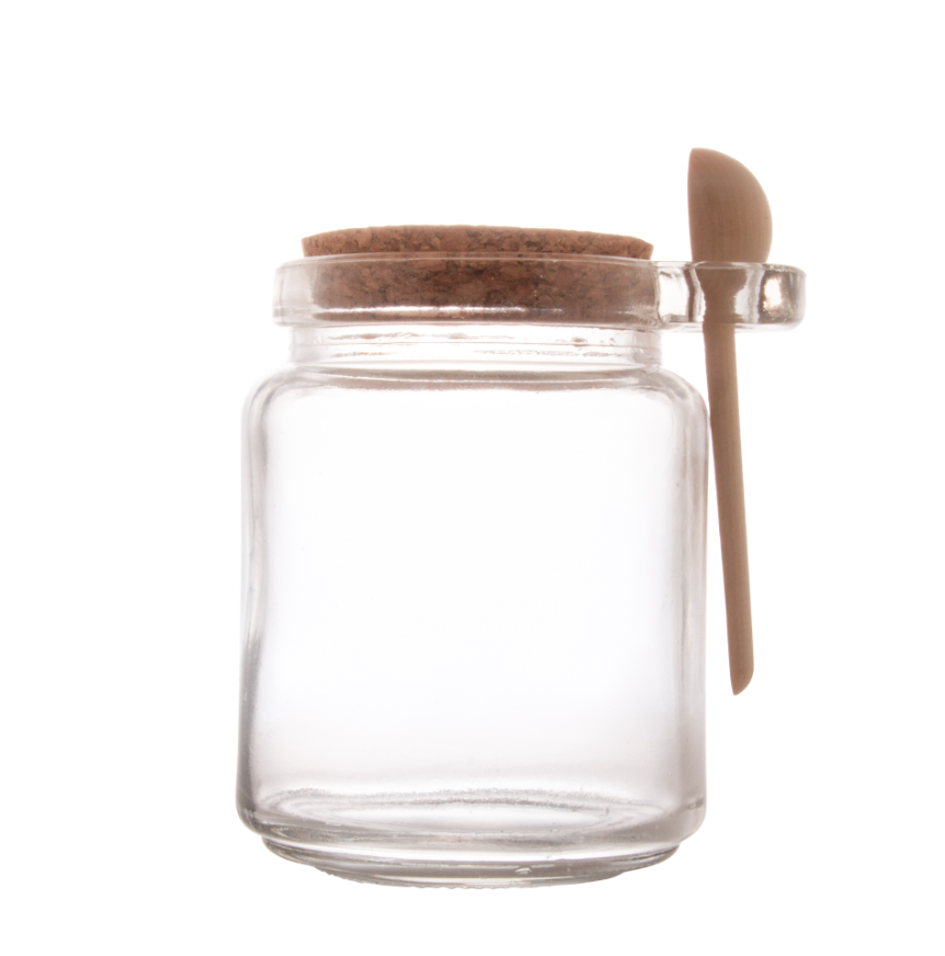 PORTA TEMPERO DE VIDRO COM COLHER DE BAMBU E TAMPA DE ROLHA 240ML - LYOR
