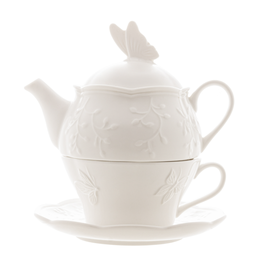 CONJUNTO 3 PEÇAS PARA CHÁ DE PORCELANA NEW BONE BUTTERFLY FLOWER - LYOR