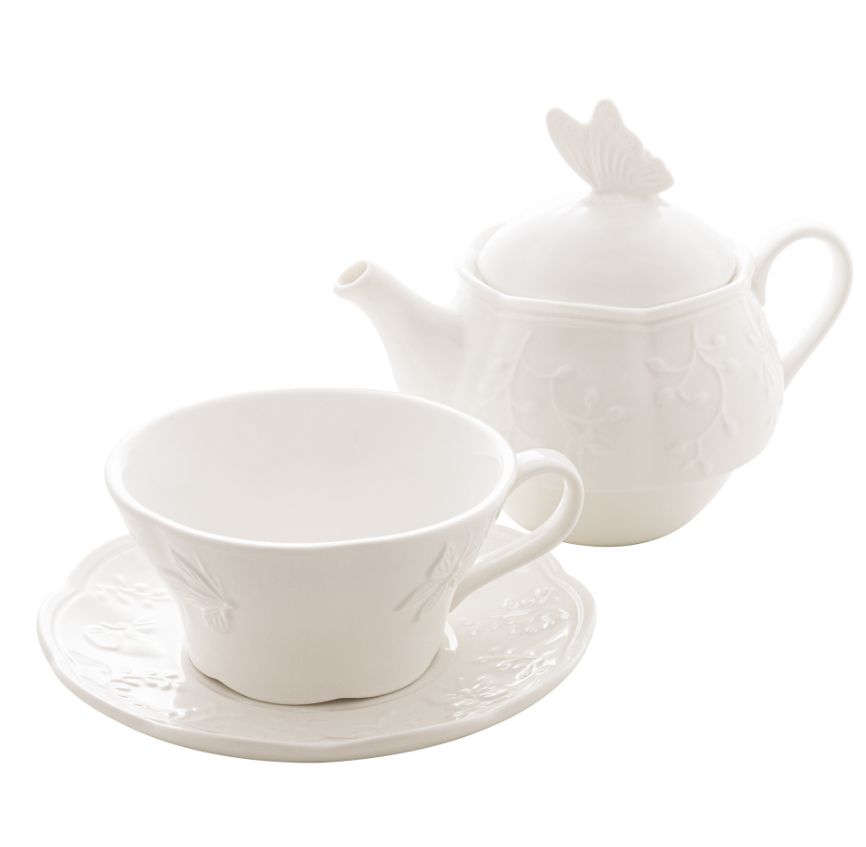 CONJUNTO 3 PEÇAS PARA CHÁ DE PORCELANA NEW BONE BUTTERFLY FLOWER - LYOR