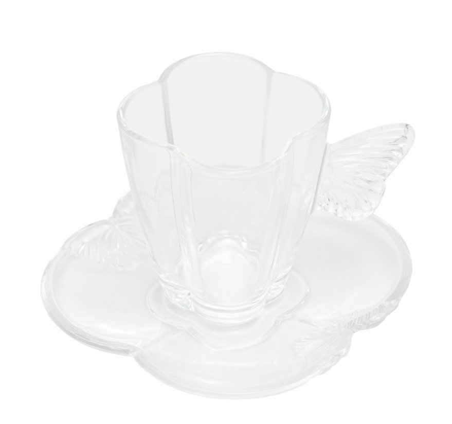 CONJUNTO 4 XÍCARAS DE CAFÉ DE VIDRO COM PIRES BUTTERFLY 80ML - WOLFF