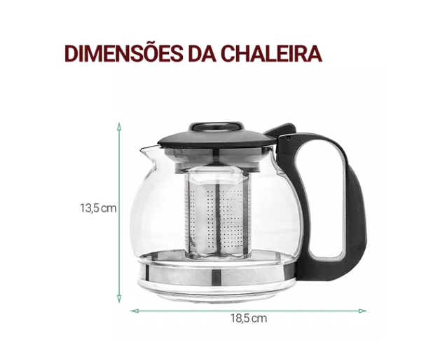 CHALEIRA DE VIDRO RESISTENTE AO CALOR COM INFUSOR DE AÇO INOX 1,2L - FLASHGOODS