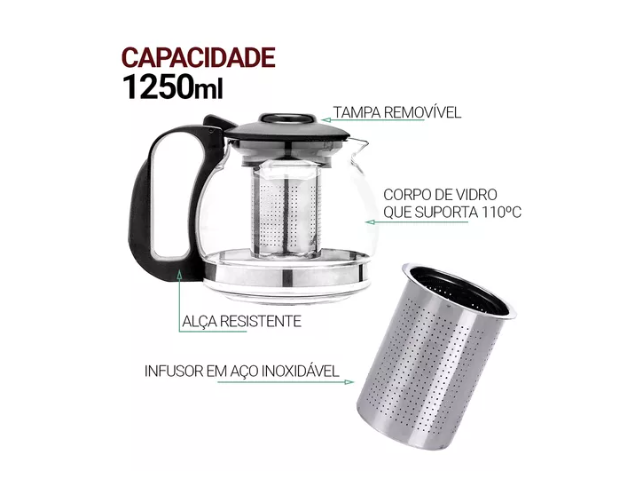 CHALEIRA DE VIDRO RESISTENTE AO CALOR COM INFUSOR DE AÇO INOX 1,2L - FLASHGOODS