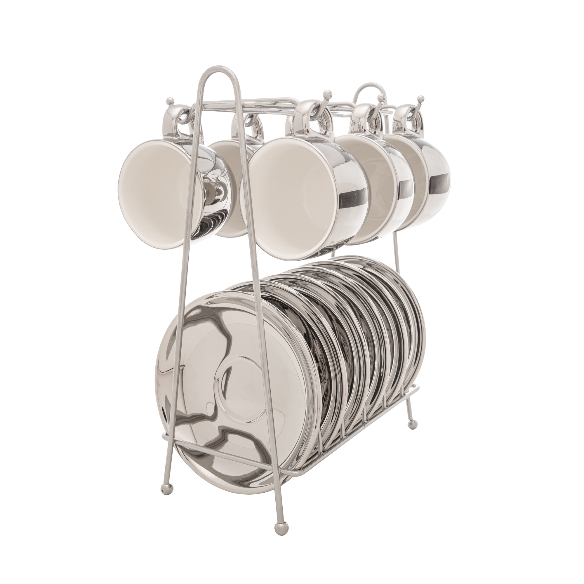 CONJUNTO 6 XICARAS CAFE PORCELANA COM PIRES E SUPORTE VERSA PRATA/BRANCO 90ML- WOLFF
