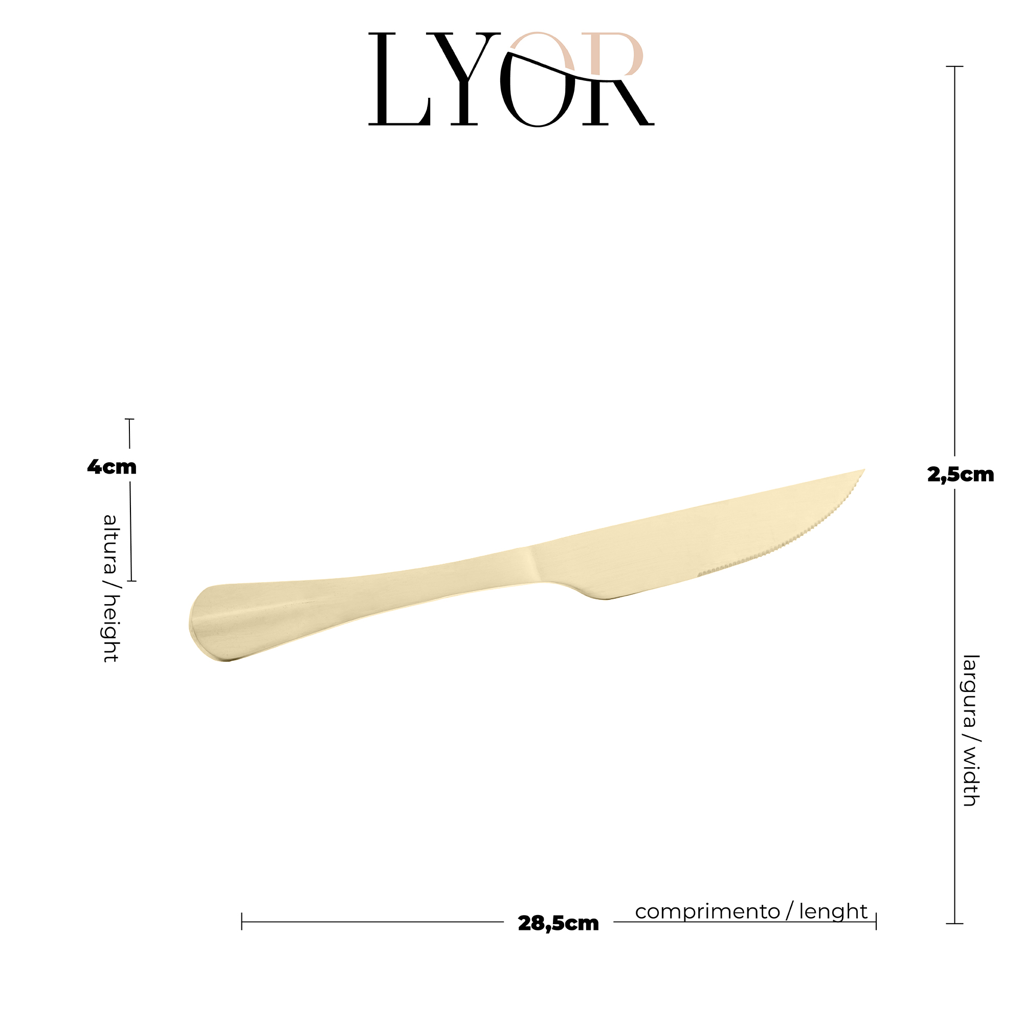 FACA DE ACO INOX PARA ASSADO DOURADA 28,5CM - LYOR