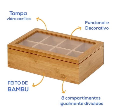 CAIXA MULTIUSO ORGANIZADORA DE BAMBU COM 8 DIVISÓRIAS 37X20X9CM - CLINK