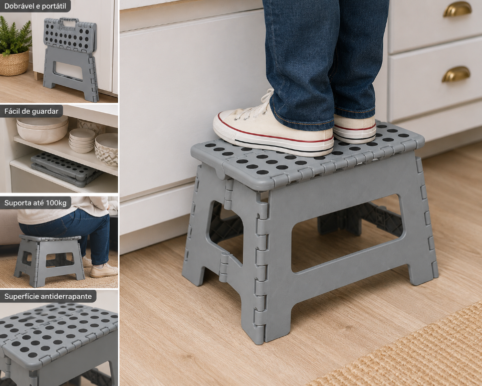 BANCO MULTIUSO PORTÁTIL DOBRÁVEL DE PLÁSTICO REFORÇADO CINZA 22CM - LYOR