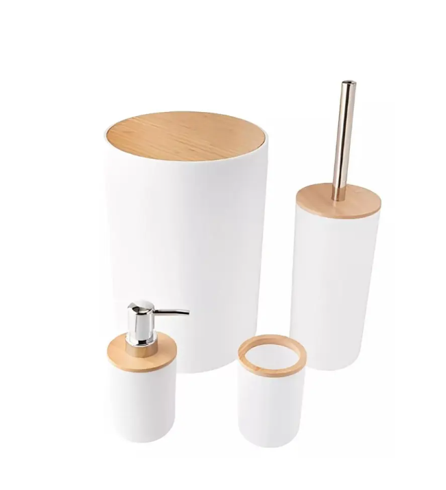 KIT PARA BANHEIRO 4 PEÇAS BRANCO COM TAMPA DE BAMBU BASCULANTE - FLASHGOODS