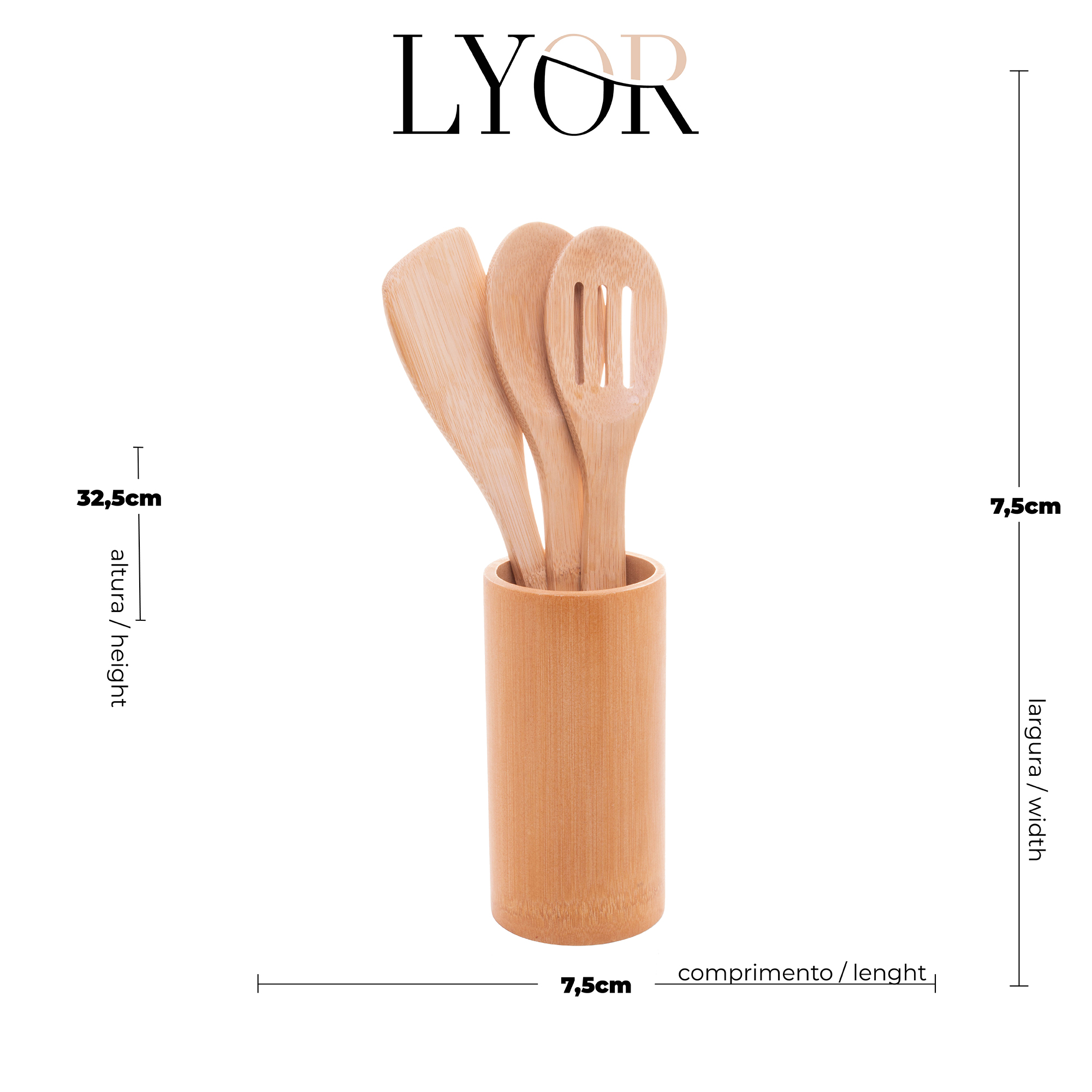 CONJUNTO 3 UTENSILIOS E SUPORTE DE BAMBU - LYOR