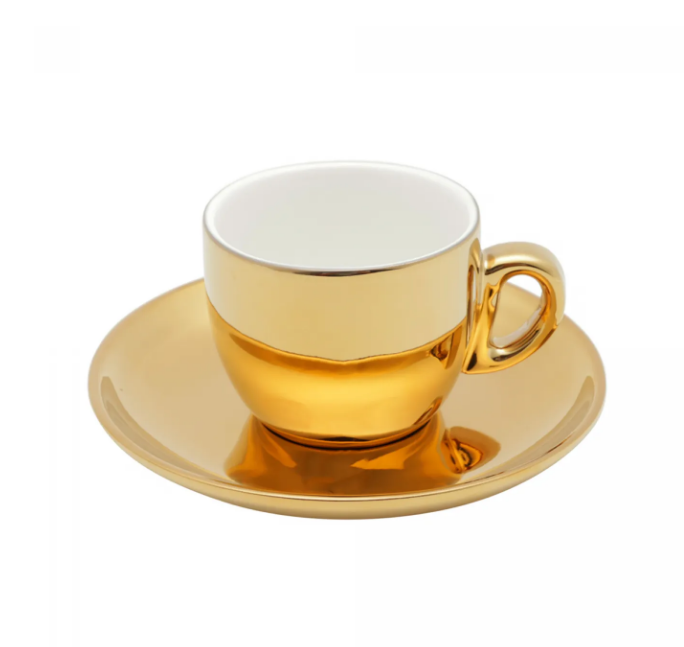CONJUNTO DE 6 XÍCARAS DE CAFÉ DE PORCELANA COM PIRES E SUPORTE VERSA DOURADO/BRANCO 90ML - WOLFF