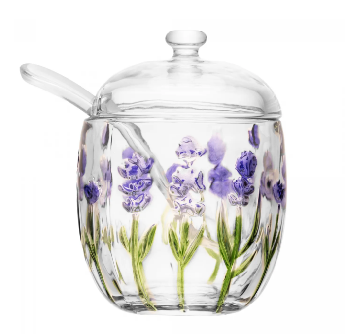 AÇUCAREIRO DE CRISTAL COM COLHER E TAMPA LAVANDA HAND PAINTING 11X8CM - LYOR