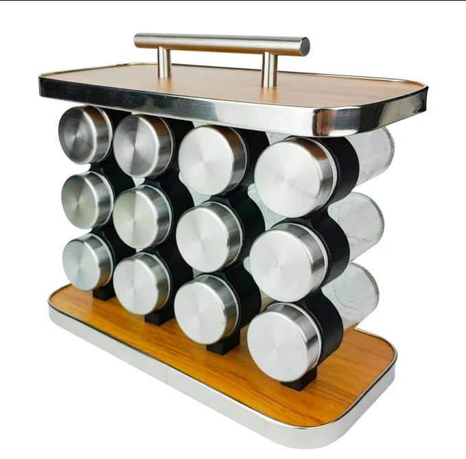 PORTA TEMPEROS DE AÇO INOX E SUPORTE DE MADEIRA 12 PEÇAS - FLASHGOODS
