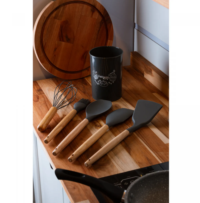 CONJUNTO 5 UTENSÍLIOS DE COZINHA CONFEITARIA EM SILICONE COM CABO DE BAMBU SUPORTE CINZA - WOLFF