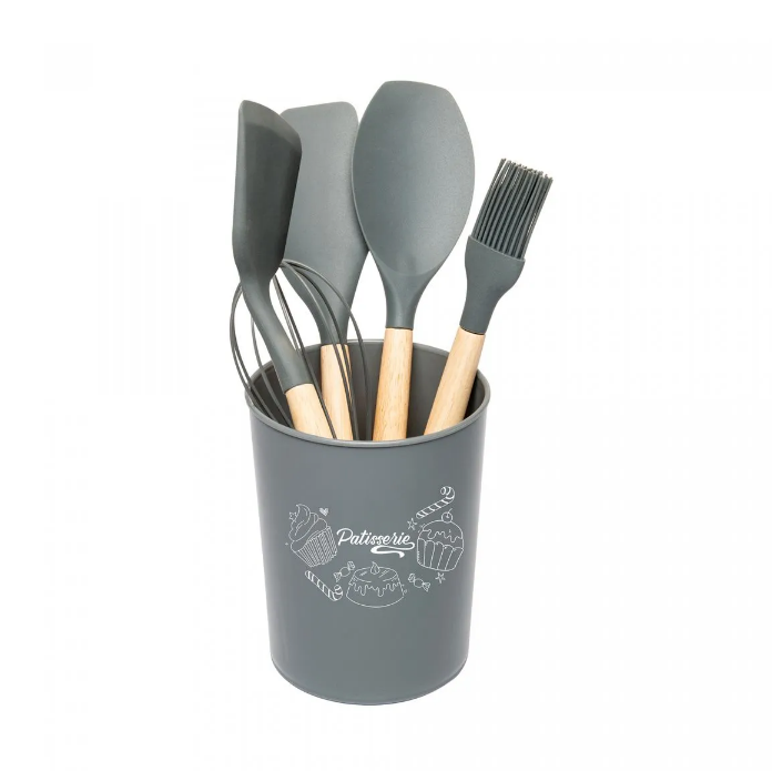 CONJUNTO 5 UTENSÍLIOS DE COZINHA CONFEITARIA EM SILICONE COM CABO DE BAMBU SUPORTE CINZA - WOLFF