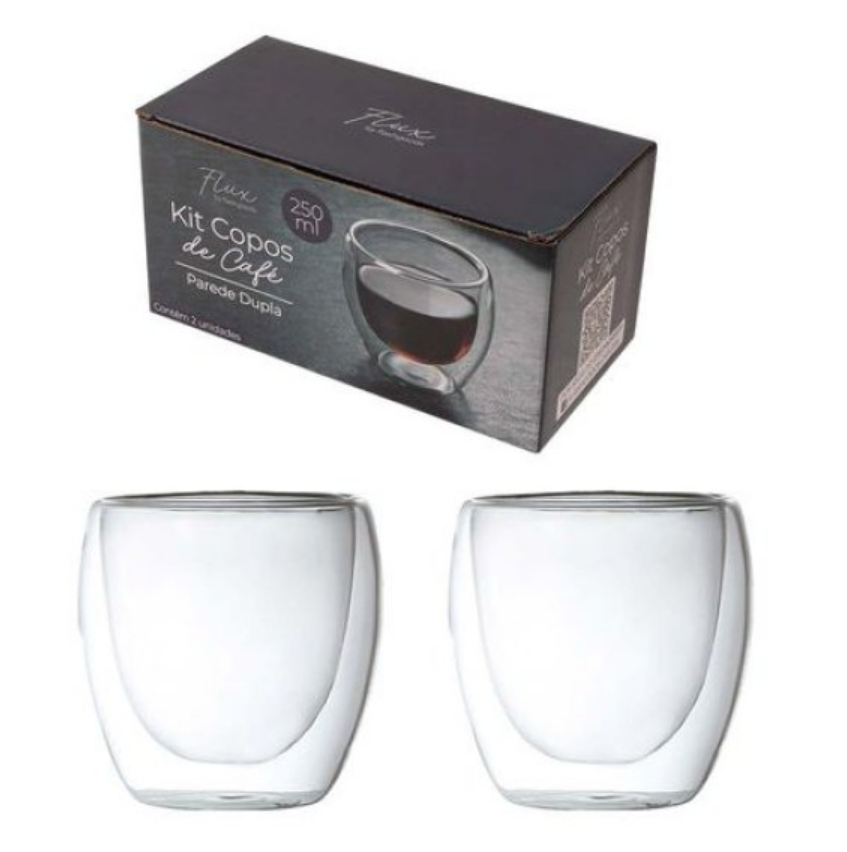 KIT COM 2 COPOS DE VIDRO PAREDE DUPLA 250ML - FLASHGOODS