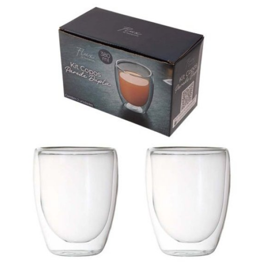 KIT COM 2 COPOS DE VIDRO PAREDE DUPLA 380ML - FLASHGOODS