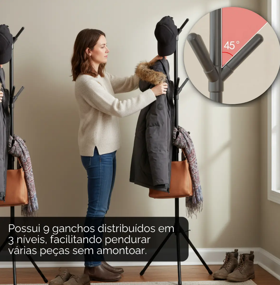 CABIDEIRO MULTIUSO MANCEBO PORTÁTIL SUPORTA ATÉ 10KG COM 9 HASTES 163X40X48CM - C3B