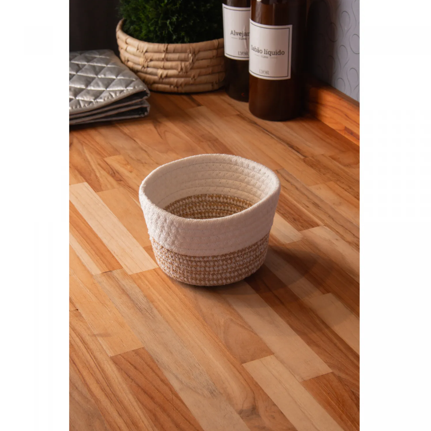 CESTO DECORATIVO ORGANIZADOR MULTIUSO DE POLIÉSTER 15X9CM BEGE/BRANCO - LYOR