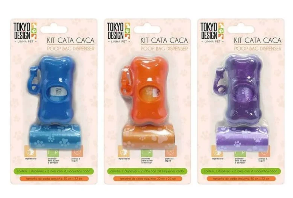 KIT CATA CACA SAQUINHOS HIGIÊNICOS SUPORTE DE OSSINHO COM REFIL 2 ROLOS COM 20 SAQUINHOS CADA - MULTIART