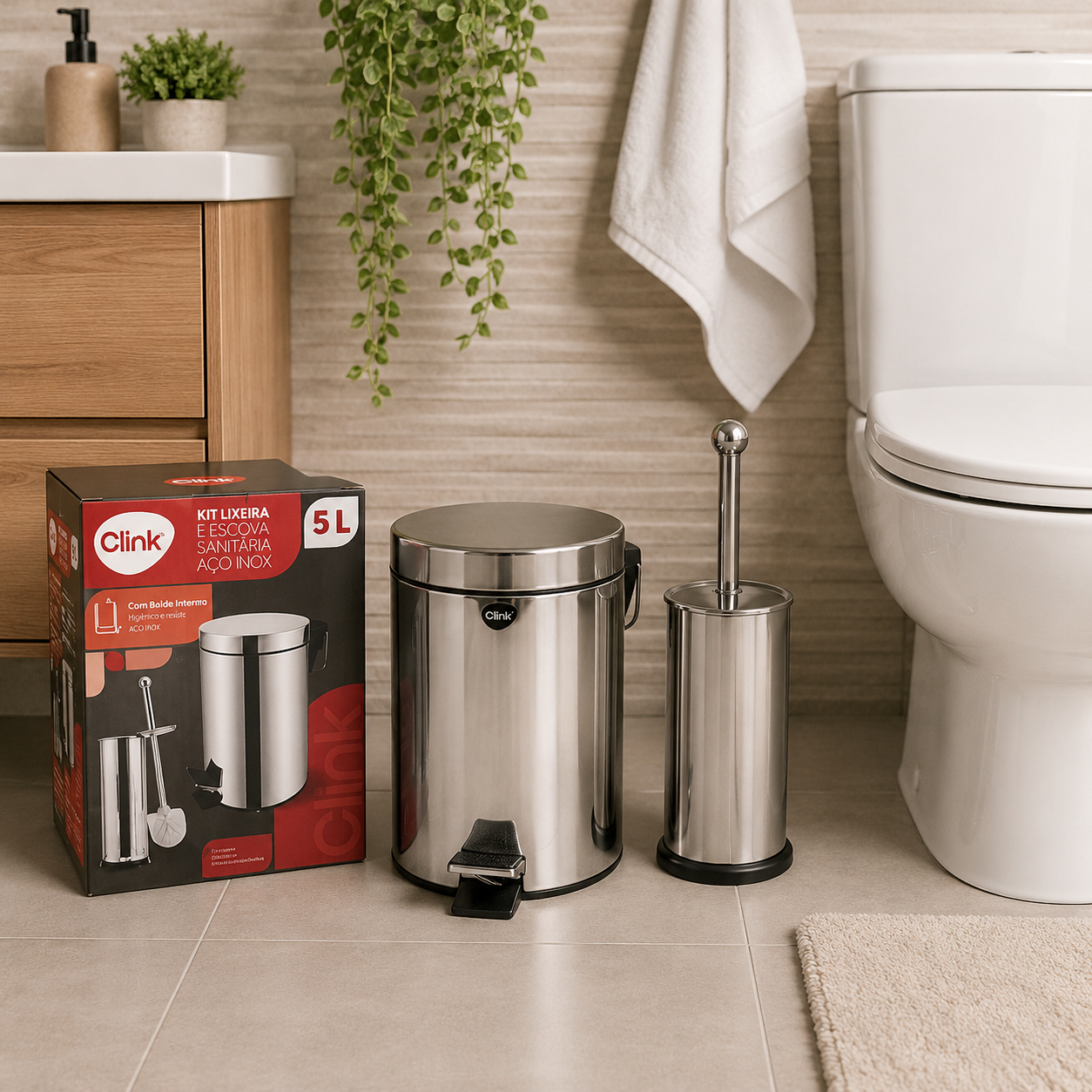 KIT LIXEIRA DE AÇO INOX 5 LITROS E ESCOVA SANITÁRIA - CLINK
