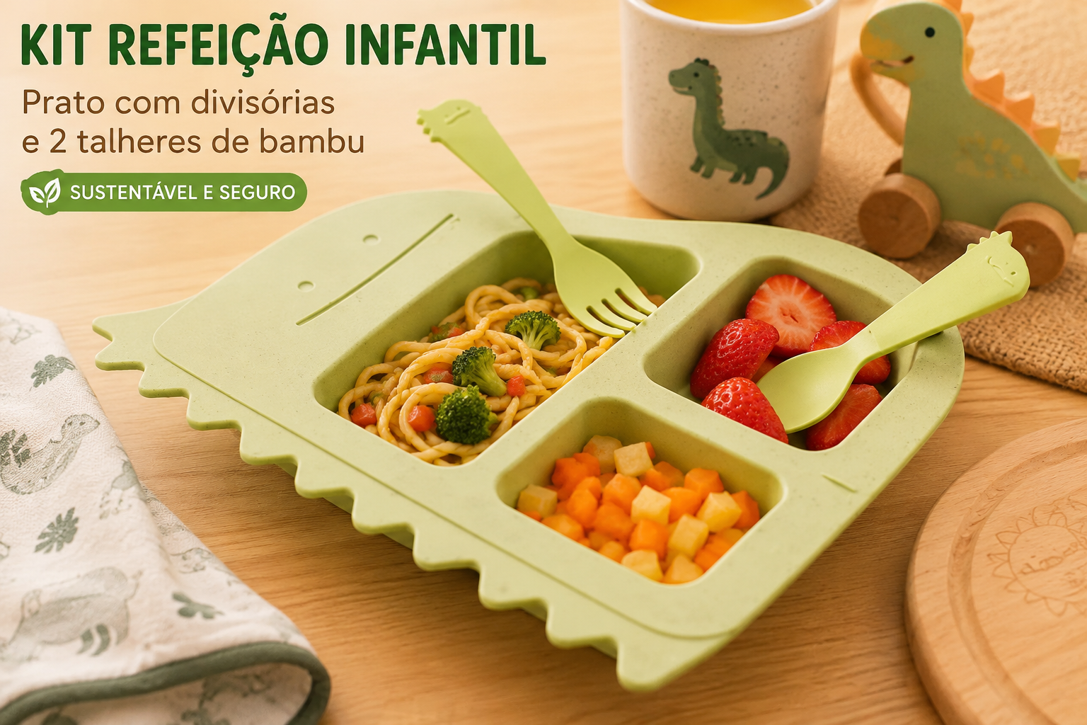 KIT REFEIÇÃO INFANTIL PRATO COM DIVISÓRIAS E 2 TALHERES DE BAMBU DINOSSAURO 25X22CM - LYOR