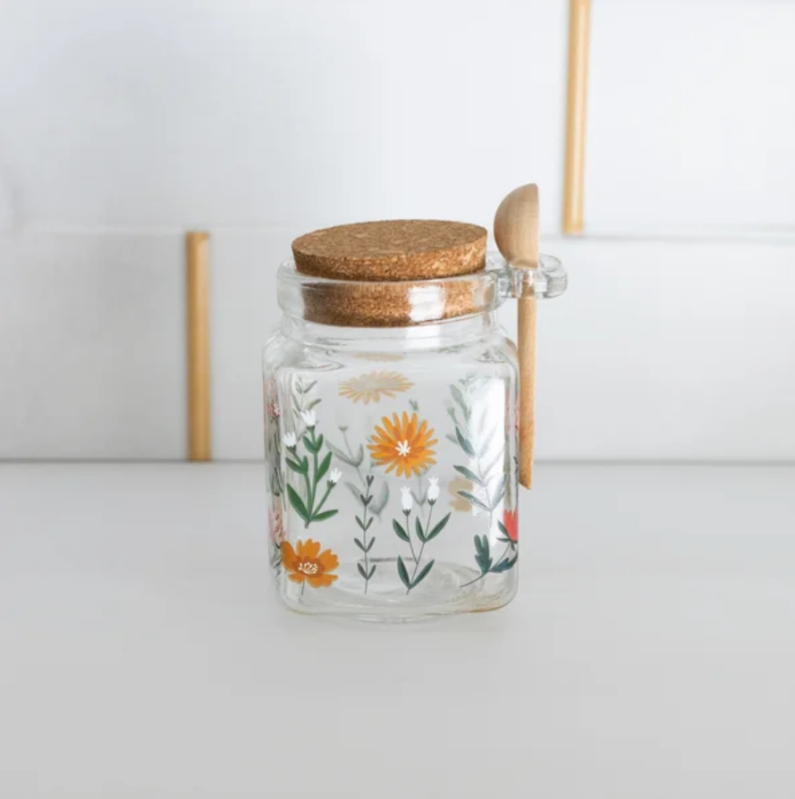 POTE QUADRADO DE VIDRO COM TAMPA E COLHER DE BAMBU FLORA 250ML - LYOR