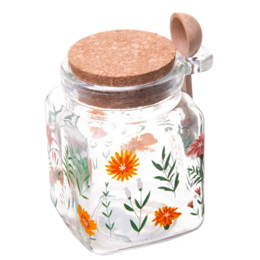 POTE QUADRADO DE VIDRO COM TAMPA E COLHER DE BAMBU FLORA 250ML - LYOR