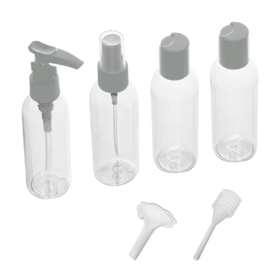 KIT 4 FRASCOS PARA VIAGEM DE PLÁSTICO COM TAMPA CINZA - LYOR