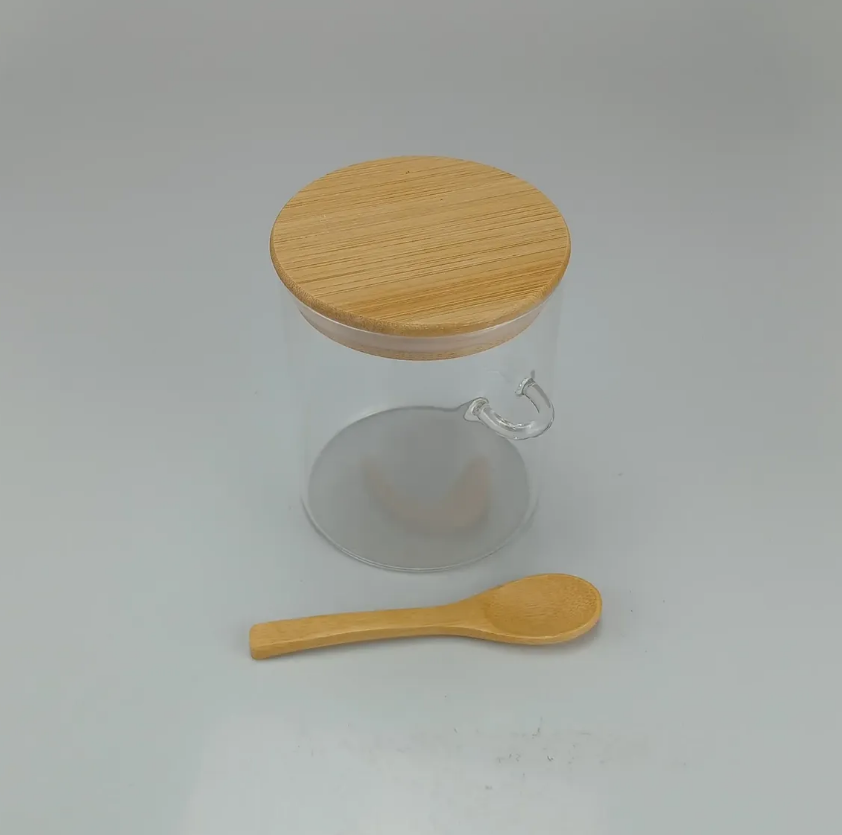 POTE HERMÉTICO DE VIDRO COM TAMPA E COLHER DE BAMBU 550ML 12X8CM - FLASHGOODS