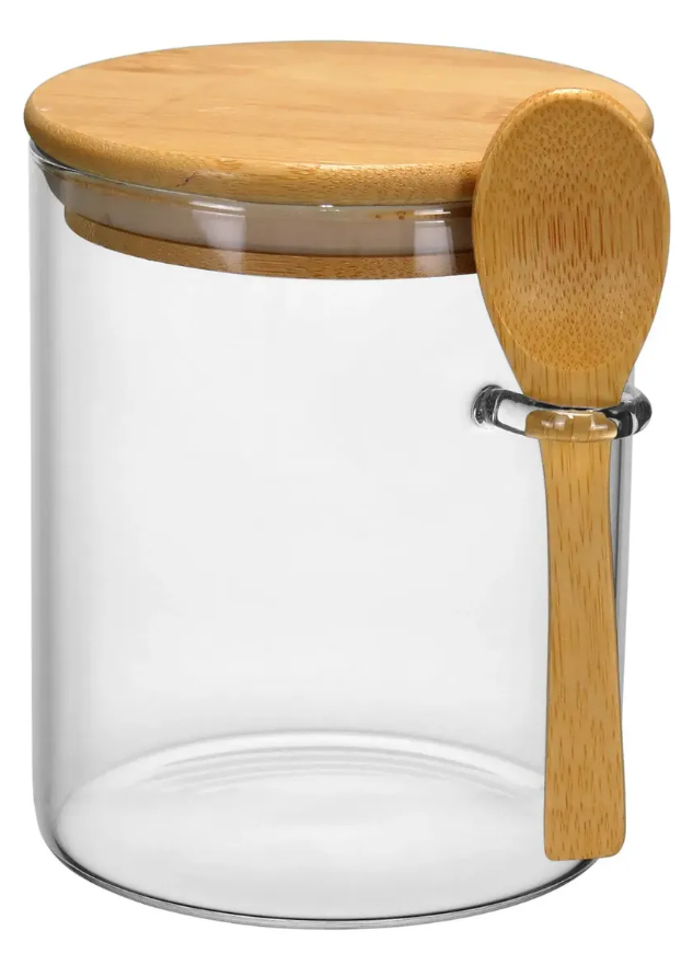 POTE HERMÉTICO DE VIDRO COM TAMPA E COLHER DE BAMBU 550ML 12X8CM - FLASHGOODS