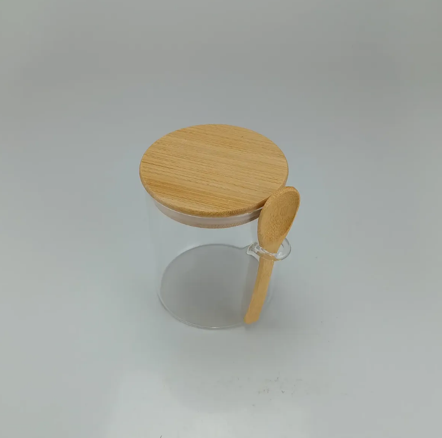 POTE HERMÉTICO DE VIDRO COM TAMPA E COLHER DE BAMBU 550ML 12X8CM - FLASHGOODS