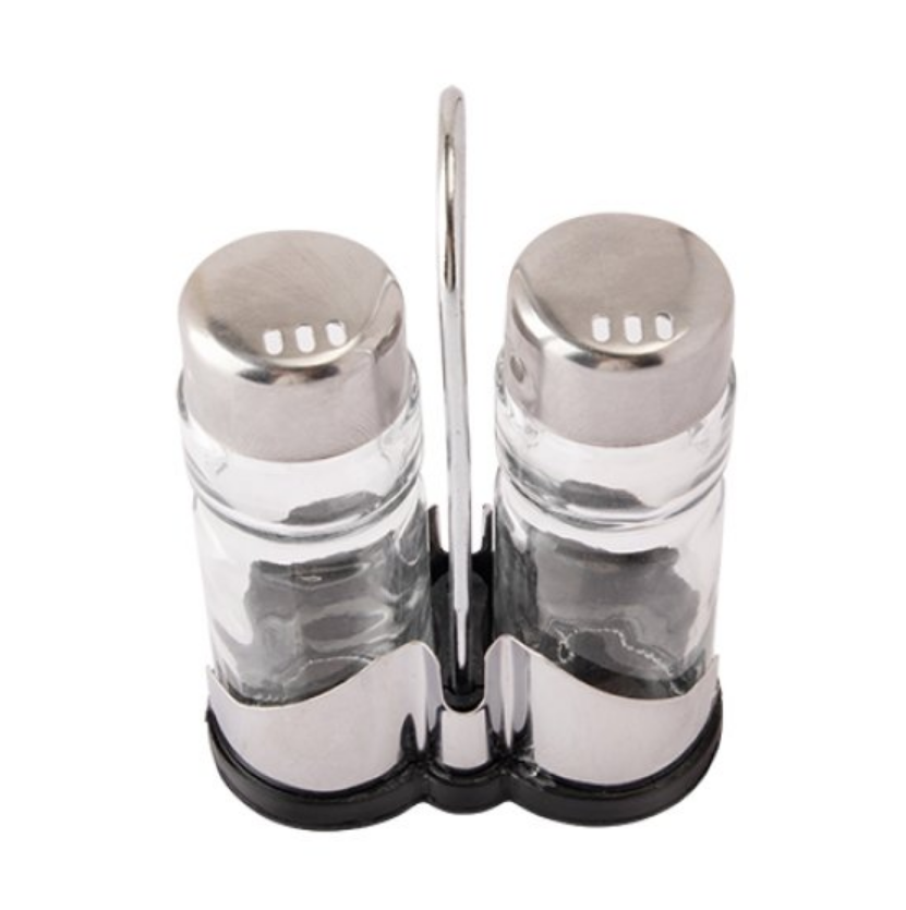 KIT COM 2 PORTA CONDIMENTOS E SUPORTE SALEIRO PIMENTEIRO DE VIDRO COM TAMPA EM AÇO INOX 35ML - FLASHGOODS