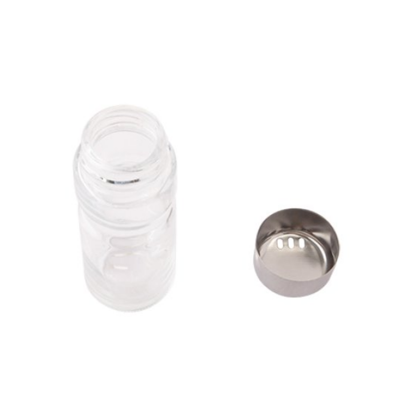 KIT COM 2 PORTA CONDIMENTOS E SUPORTE SALEIRO PIMENTEIRO DE VIDRO COM TAMPA EM AÇO INOX 35ML - FLASHGOODS