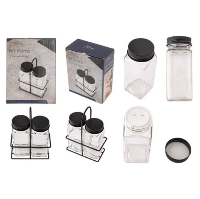 KIT COM 2 PORTA CONDIMENTOS E SUPORTE SALEIRO PIMENTEIRO DE VIDRO COM TAMPA EM METAL 120ML - FLASHGOODS