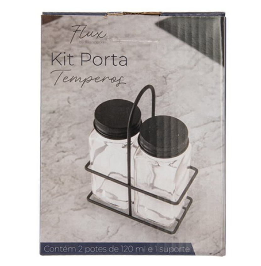 KIT COM 2 PORTA CONDIMENTOS E SUPORTE SALEIRO PIMENTEIRO DE VIDRO COM TAMPA EM METAL 120ML - FLASHGOODS