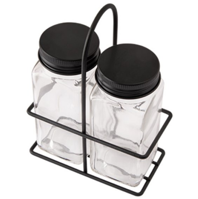KIT COM 2 PORTA CONDIMENTOS E SUPORTE SALEIRO PIMENTEIRO DE VIDRO COM TAMPA EM METAL 120ML - FLASHGOODS
