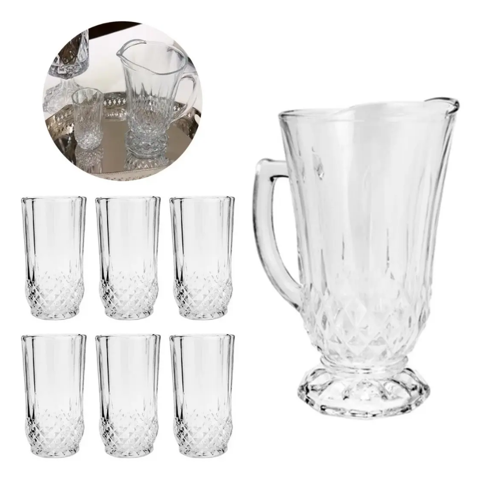KIT COM JARRA 1,25 LITROS E 6 COPOS 260ML DE VIDRO ROBERTA - LYOR