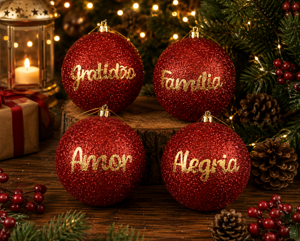 BOLA DE NATAL DECORADA PALAVRAS VERMELHA COM DOURADA 8CM UNITÁRIA - MULTIART