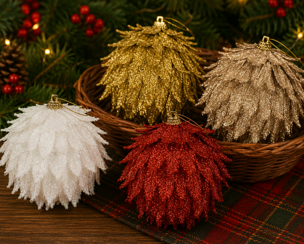 BOLA DE NATAL DECORADA PINHA COM GLITTER 10CM CORES SORTIDAS UNITÁRIA - MULTIART