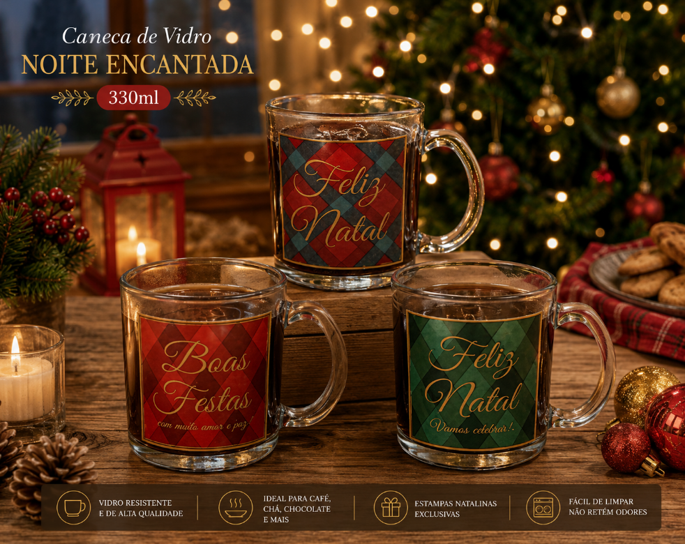 CANECA NATALINA DE VIDRO NOITE ENCANTADA 330ML 9X7CM - MULTIART