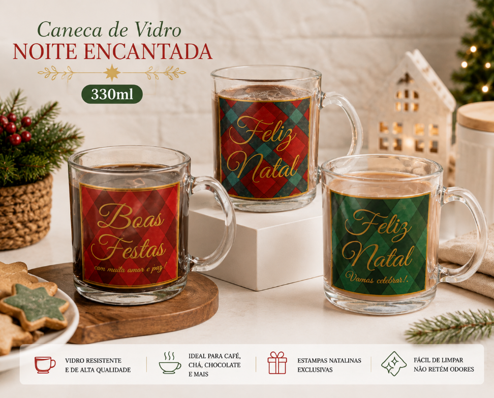 CANECA NATALINA DE VIDRO NOITE ENCANTADA 330ML 9X7CM - MULTIART