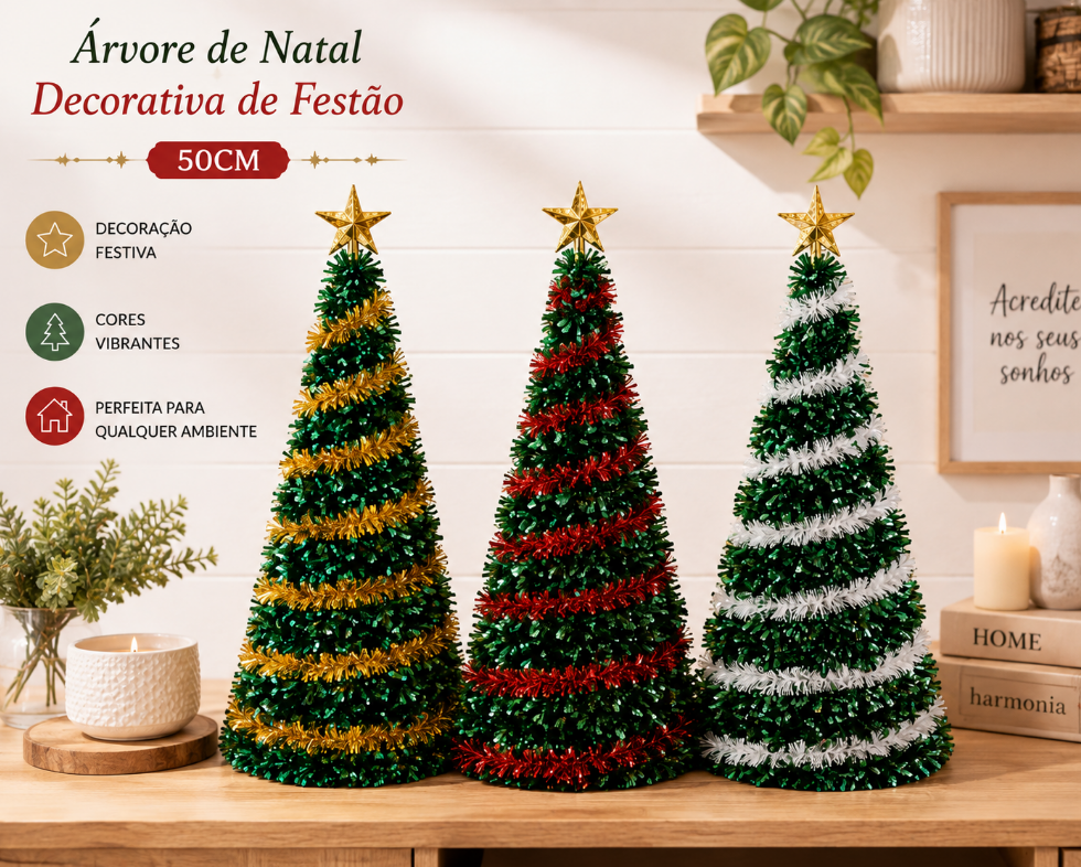 ÁRVORE DE NATAL DECORATIVA DE FESTÃO COM ESTRELA 50CM CORES SORTIDAS - MULTIART