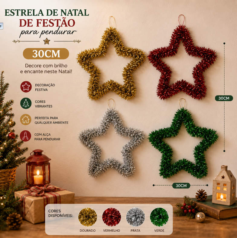 ESTRELA DE NATAL DE FESTÃO PARA PENDURAR 30CM CORES SORTIDAS - MULTIART