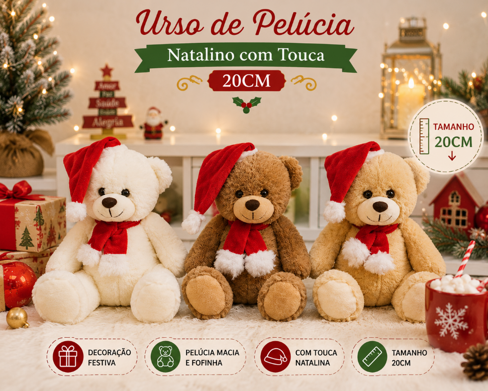 URSO DE PELÚCIA NATALINO COM TOUCA E CACHECOL 20CM - MULTIART