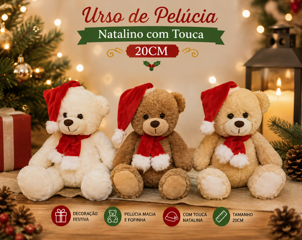 URSO DE PELÚCIA NATALINO COM TOUCA E CACHECOL 20CM - MULTIART