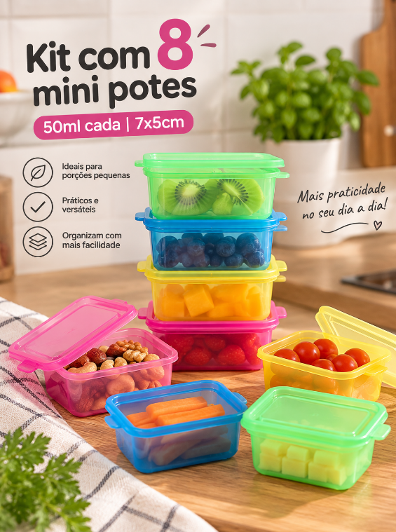 KIT COM 8 MINI POTES DE PLÁSTICO RETANGULARES 50ML 7X5CM - CLINK
