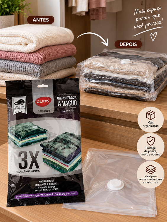 ORGANIZADOR À VÁCUO DE PLÁSTICO PARA ROUPAS E COBERTORES 60X50CM - CLINK