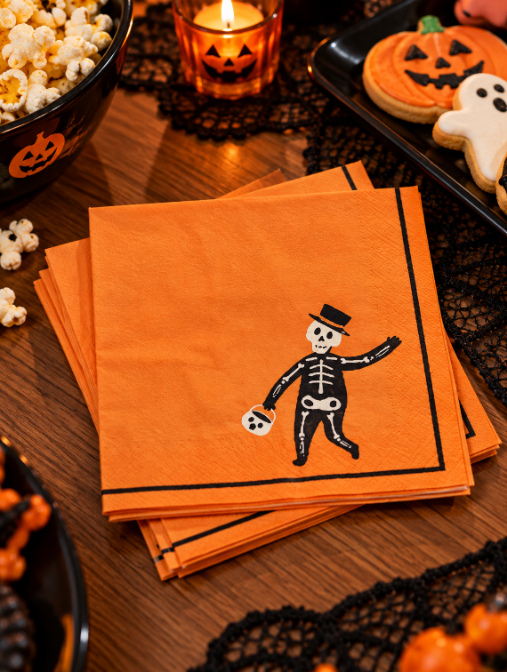 KIT COM 20 GUARDANAPOS DE PAPEL LARANJA HALLOWEEN ESQUELETO 33X33CM - FLORARTE