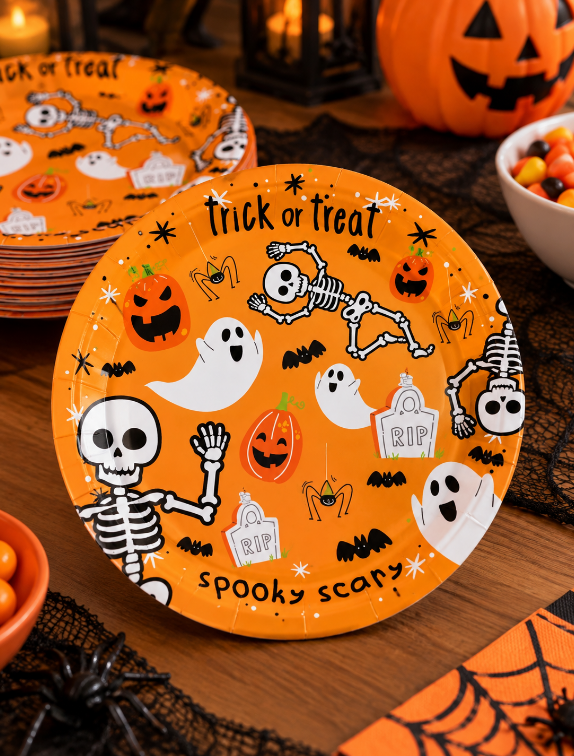 KIT COM 2 BANDEJAS DE PAPEL TRAVESSURAS ESQUELETO HALLOWEEN 30X30CM - FLORARTE